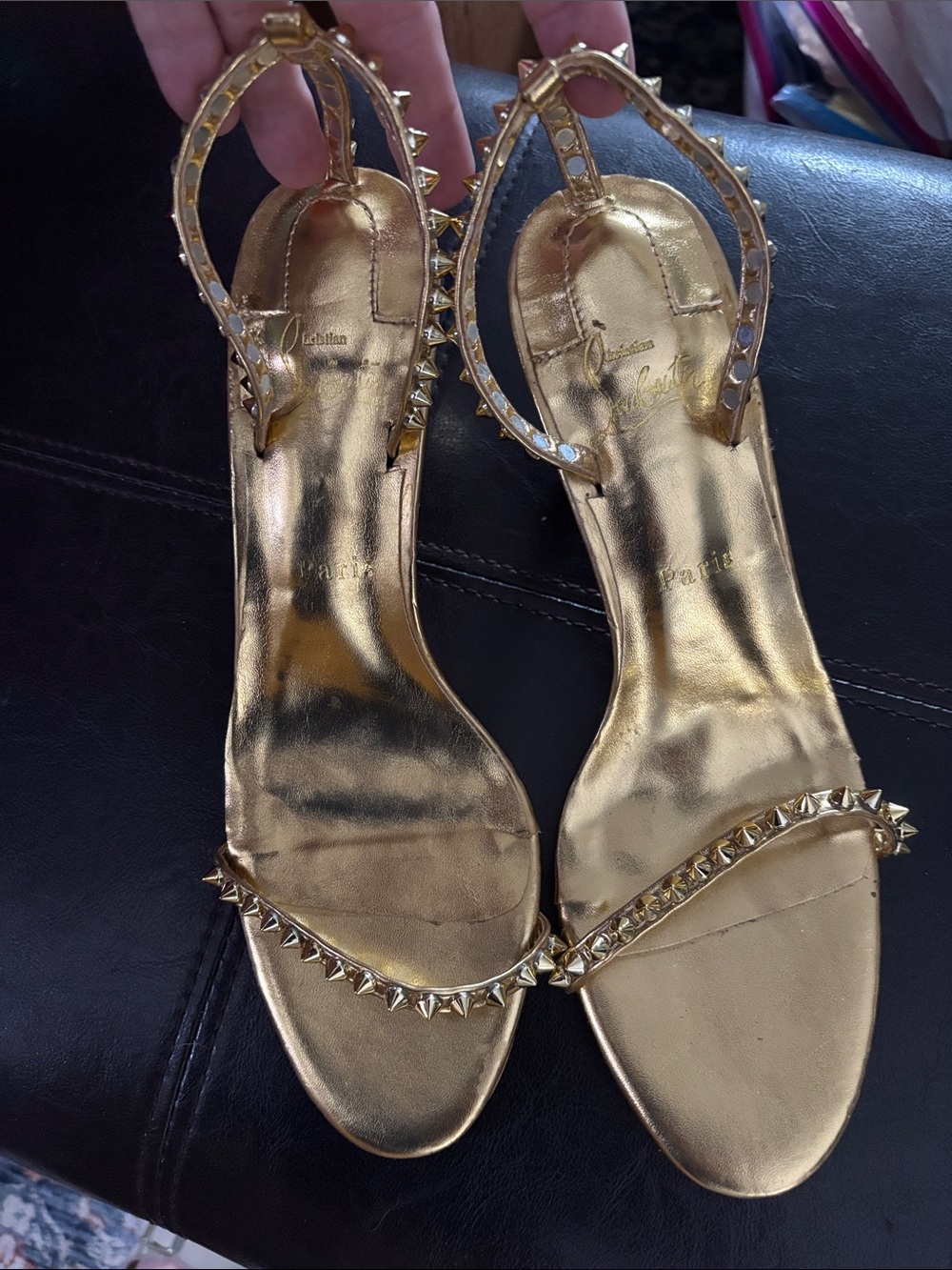 Christian Louboutin Metallic Gold Studded Ankle-Strap Heels